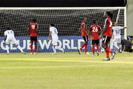 Albert Elis (no.17) of Honduras side Olimpia netting the game’s only goal during his side’s hard fought win over Alpha United in the opening round of the CONCACAF Champions League
