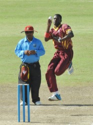 Fast-bowler Alzarri Joseph knocks over Michael Simmons to bag his 5th wicket in yesterday’s game.   