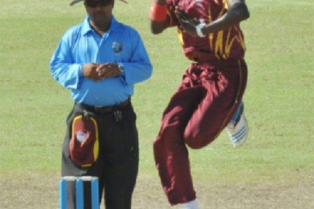 Fast-bowler Alzarri Joseph knocks over Michael Simmons to bag his 5th wicket in yesterday’s game. 
