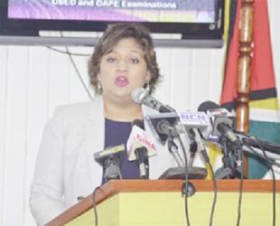 Minister of Education Priya Manickchand speaking at the press conference yesterday. (GINA photo)
