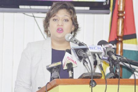 Minister of Education Priya Manickchand speaking at the press conference yesterday. (GINA photo)
