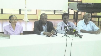 UG August 13 – (L to R) UG’s Bursar Patricia Poonai, Vice-Chancellor Jacob Opadeyi, UG’s Student Society President Joshua Griffith, and Registrar Vincent Alexander