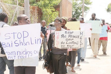 Members of the Environmental Community and Health Organization (ECHO) picket the Guyana Forestry Commission over the claims made in the media against Bai Shan Lin and Vaitarna Holdings Private Inc. (VHPI) 
