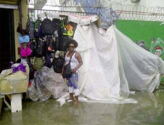 Yonette Evans standing in the flood water by her stall