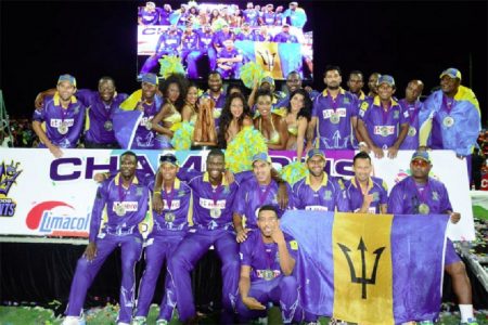 The victorious Barbados Tridents team celebrate after their win last night.