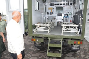 President Donald Ramotar inspecting the military ambulance (GINA photo) 