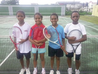 National U-12 lawn tennis team members (from left to right): Kalyca Fraser, Sarah Klautky, Vijay Sharma and Antoinne Andries  