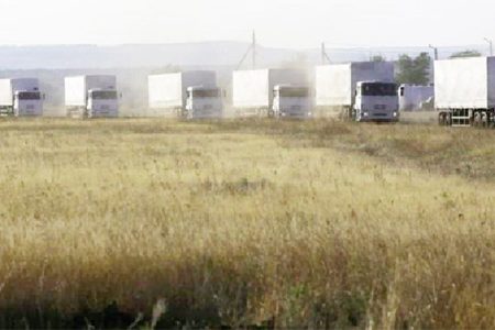 Trucks of a Russian convoy carrying humanitarian aid for Ukraine drive before parking at a camp near Donetsk located in Rostov Region, August 21, 2014. REUTERS/Alexander Demianchuk

