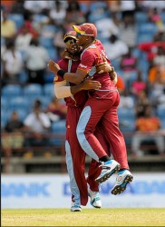 Kieron Pollard and Dwayne Bravo celebrate winning the 2nd Dhaka Bank ODI West Indies v Bangladesh at Grenada National Stadium, St. George’s, Grenada yesterday. WICB Media Photo/Randy Brooks