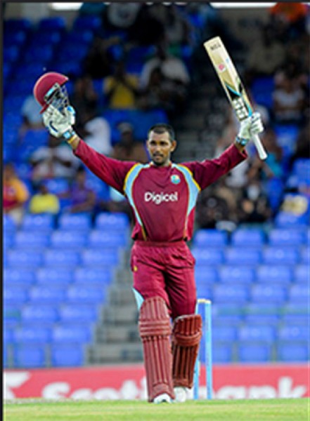 CAPTAIN’S KNOCK! Denesh Ramdin celebrates his second One Day International century during the 3rd and final Dhaka Bank ODI between the West Indies and Bangladesh at Warner Park. Basseterre, St. Kitts yesterday. WICB Media Photo/Randy Brooks