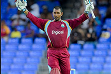 CAPTAIN’S KNOCK! Denesh Ramdin celebrates his second One Day International century during the 3rd and final Dhaka Bank ODI between the West Indies and Bangladesh at Warner Park. Basseterre, St. Kitts yesterday. WICB Media Photo/Randy Brooks