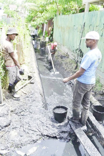 Albouystown drains cleared: The Albouystown community, over the past few weeks has seen a transformation of its drainage system under the government’s ‘Clean-up my Country’ initiative, GINA said.  The ward was divided into 15 blocks for better management and monitoring. A total of 70 workers, divided into three groups, predominantly youths, tackled the heavily silted drains.  This GINA photo shows some of the workers. 