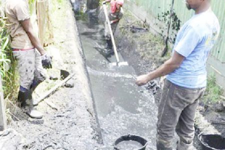 Albouystown drains cleared: The Albouystown community, over the past few weeks has seen a transformation of its drainage system under the government’s ‘Clean-up my Country’ initiative, GINA said.  The ward was divided into 15 blocks for better management and monitoring. A total of 70 workers, divided into three groups, predominantly youths, tackled the heavily silted drains.  This GINA photo shows some of the workers.
