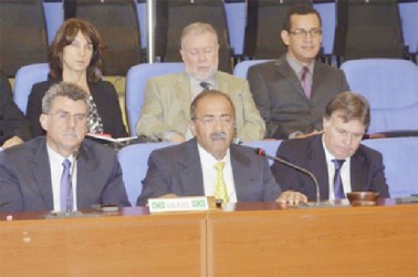 Governor of the State of Roraima, Francisco Rodrigues (centre) speaking at the Guyana-Brazil Joint Commission on Infrastructure Projects Meeting. (Ministry of Foreign Affairs photo) 