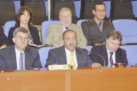 Governor of the State of Roraima, Francisco Rodrigues (centre) speaking at the Guyana-Brazil Joint Commission on Infrastructure Projects Meeting. (Ministry of Foreign Affairs photo)
