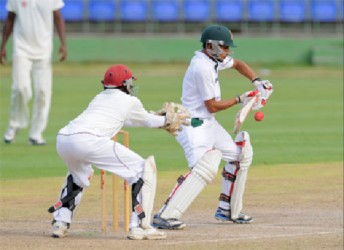 Nasir Hussain prepares to steer a ball past the wicketkeeper during the first day of their three-day tour match against St Kitts/Nevis. (WICB media)