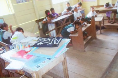 Students of the Chenapau Primary School use a broken bench to take notes during class.