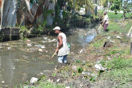 As a part of the $1 billion invested by the Government to ensure a cleaner Guyana, works are being done in several Georgetown wards. The sum of $500M has been earmarked for the city’s clean-up. This GINA photo shows the weeding the Lamaha Street canal.