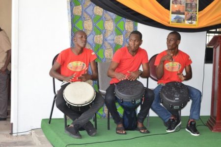 Majic Fingers Drummers perfoming for the gathering at the Ministry of Housing’s Emancipation celebration on Thursday. (GINA photo)