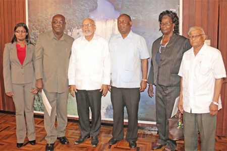 From left: Vidyawattie Looknauth, Carvil Duncan, President Donald Ramotar, Patrick Yarde, Patricia Went and Mohammed Akeel after the ceremony.
