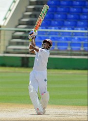 Shiv Chanderpaul on the go during his century in the warm up match for St. Kitts/Nevis against Bangladesh at Warner Park, Basseterre, St. Kitts yesterday. WICB Media Photo/Randy Brooks
