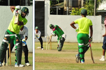 Robin Bacchus, left and Skipper Chris Barnwell get their eyes in during a net session at the Demerara Cricket Club ground yesterday.