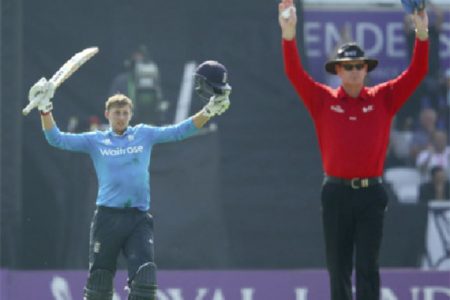 England’s Joe Root celebrates his century. (Cricket365 photo)