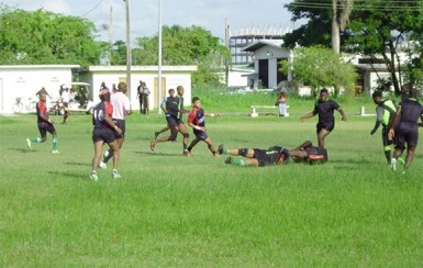 Rugby action in the GRFU 10s league last week . 