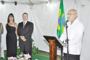 President Donald Ramotar addressing the audience at a function to mark Brazil’s Independence Day anniversary (GINA photo) 
