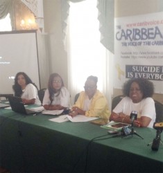 (From left to right) Diane Madray of the Caribbean American Domestic Violence Awareness (CADVA), Bibi Ahmad, Vice President of Caribbean Voice Inc., Dawn Stewart, Washington-based social activist, and Faith Harding, local social activist, during yesterday’s observance of World Suicide Prevention Day