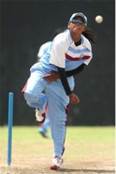 Off-spinner Anisa Mohammed sends down a delivery during practice on Thursday. (Photo courtesy WICB Media) 