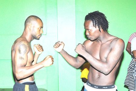 Jamaica’s Sakima Mullings (left) and Derrick Richmond square off last night at the Regency Hotel after making weight for their ‘Battle of Contenders’ headline bout. (Orlando Charles photo)
