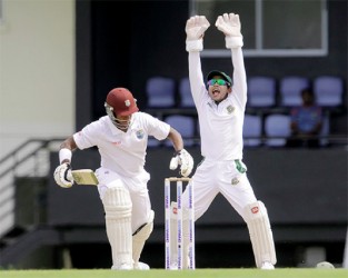  Leon Johnson is given out lbw off the bowling of Taijul Islam yesterday. (Photo courtesy of WICB media)