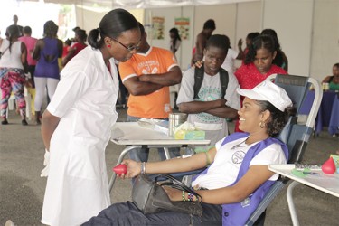 A trained nurse and her patient interact during the Health Fair 