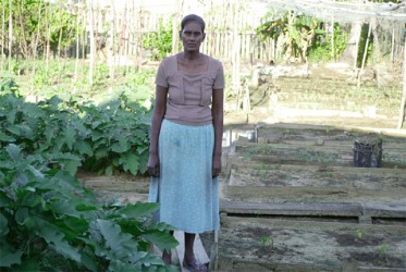 Kamlawattie Sarju stands in her garden where her plants were blooming on one side and stunted on the other