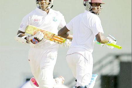 West Indies batsmen Shivnarine Chanderpaul and Jermaine Blackwood jog a single during day three of the 2nd Test against Bangladesh at the Beausejour Cricket Ground, Gros Islet, St. Lucia yesterday. WICB Media Photo/Randy Brooks