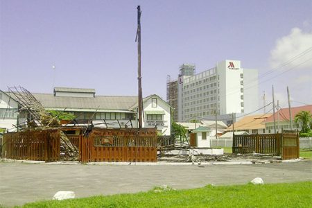 The burnt out site where the Umana Yana once stood. The debris is not likely to be cleared away until the Fire Service has completed its investigation.
