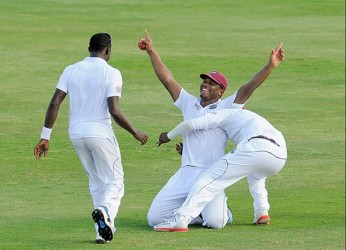 Shanon Gabriel celebrates his catch which led to the dismissal of Mominul Haque during yesterday’s fourth day’s play of the 2nd Test between the West Indies and Bangladesh at Beausejour Cricket Ground, Gros Islet, St. Lucia WICB Media Photo/Randy Brooks 