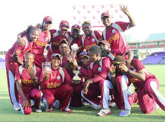 The victorious West Indies women pose with the winners trophy during the fourth One-day International against New Zealand Women yesterday at Warner Park. (Photo courtesy WICB media) 