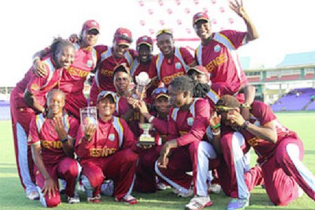 The victorious West Indies women pose with the winners trophy during the fourth One-day International against New Zealand Women yesterday at Warner Park. (Photo courtesy WICB media)
