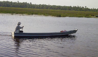 A woman rowing her boat in the Demerara Conservancy 