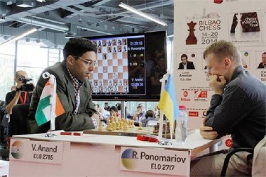 The 2014 Bilbao Masters Final featured four super-grandmasters (Anand, India; Ponomariov, Ukraine; Vallejo Pons, Spain; and Aronian, Armenia) in a fierce double round robin chess tournament. It’s a Category 21 affair with an average FIDE rating of 2754 points. Anand began the tournament with a bang when he outplayed Ponomariov in a queen pawn game (see photo) in 61 moves. The Indian grandmaster created a passed pawn which could not be stopped from becoming a queen. The tournament ended yesterday. 