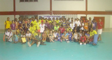 All members of the participating teams in the fourth annual Hikers Hockey Club Junior Indoor Tournament pose for a photo opportunity following the conclusion of the event.