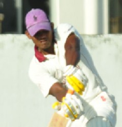 Kandasammy Surujnarine plays an expansive drive during his unbeaten innings of 45. 