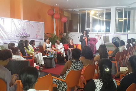 Dr Faith Harding addressing a seminar held by Caribbean American Domestic Violence Awareness under the One Billion Rising Campaign at the Pegasus Hotel yesterday. The topic of discussion was the ‘State of Female Justice in Guyana: Social Justice with Love.’ The panel of women discussed how to change the dialogue on domestic violence in Guyana and spread awareness through breaking the silence. 