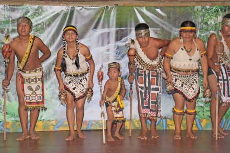The Surama Cultural Group performing a dance at the opening of the Amerindian Village and Amerindian Heritage Month at the Sophia Exhibition Site yesterday.  (Photo by Arian Browne)

