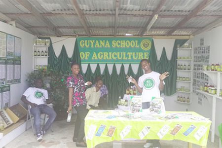 Corwyn Bruce, Amy Price, Clennell Petty, Akeem Williams, Kelisa Mullin and Tevin Smith proudly representing the Guyana School of Agriculture, were ready to educate visitors on the product range developed by students and the various developmental projects the school is currently engaged in. At the back of the booth small pots growing a variety of green leafy vegetables under different controlled environments can be seen.
