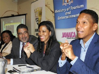 Chairman of Jamaica Sports Christopher Dehring (right) makes a point while Dr Wykeham McNeill, minister of tourism and entertainment (left); and Nicola Madden-Greig, president of the Jamaica Hotel and Tourist Association, look on. Dehring was speaking at the launch of Jamaica Sport at the Courtleigh Hotel on Wednesday. 