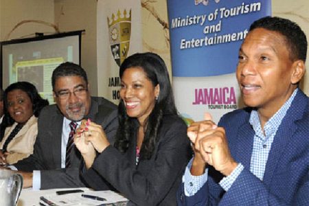 Chairman of Jamaica Sports Christopher Dehring (right) makes a point while Dr Wykeham McNeill, minister of tourism and entertainment (left); and Nicola Madden-Greig, president of the Jamaica Hotel and Tourist Association, look on. Dehring was speaking at the launch of Jamaica Sport at the Courtleigh Hotel on Wednesday. 
