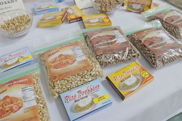 Part of a complete breakfast? Rice Brekkies, which are a rice cereal, was launched on Thursday following the opening ceremony of GuyExpo 2014. Government has invested $75M in a factory in Region Two capable of processing five tonnes of the breakfast cereal per day, officials said at the launch. (Arian Browne photo)